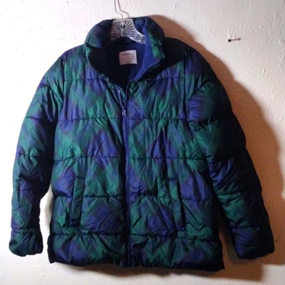 Old Navy Green & Navy Blackwatch Tartan Plaid Puffer Jacket NWOT Small